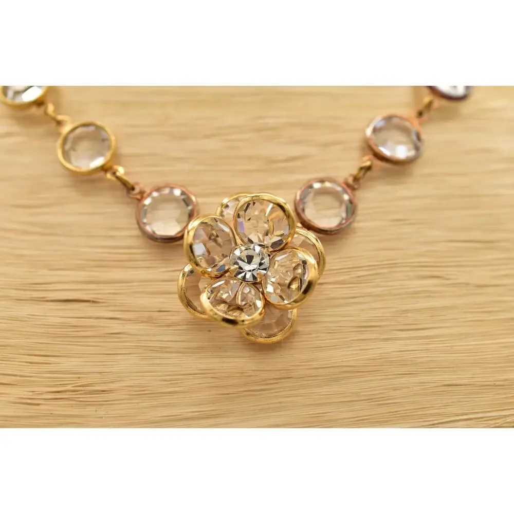 Vintage Clear Open Bezel Crystal Flower Necklace Collar Gold Rhinestone 1980s 9J